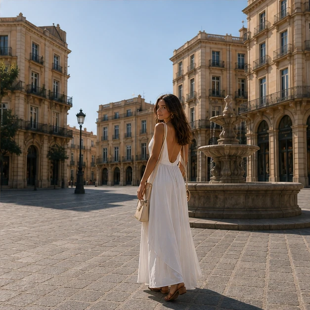 Une femme en robe blanche photographiée devant une fontaine sur une place ensoleillée